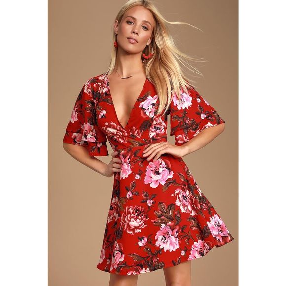 Lulus Dresses & Skirts - (Sold) Lulu’s Laclair Red Floral Print Surplice Skater Dress Size L